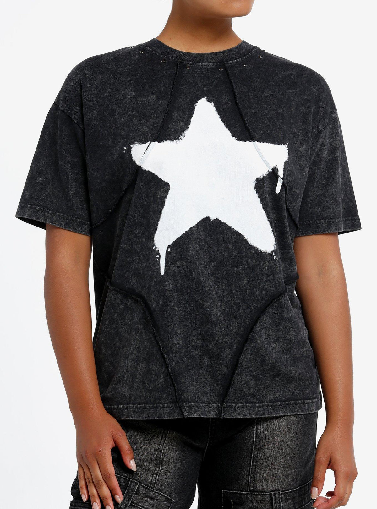 Social Collision Graffiti Star Stitch Dark Wash Girls Oversized T-Shirt T-Shirt | Viral Style | Must-Have Style