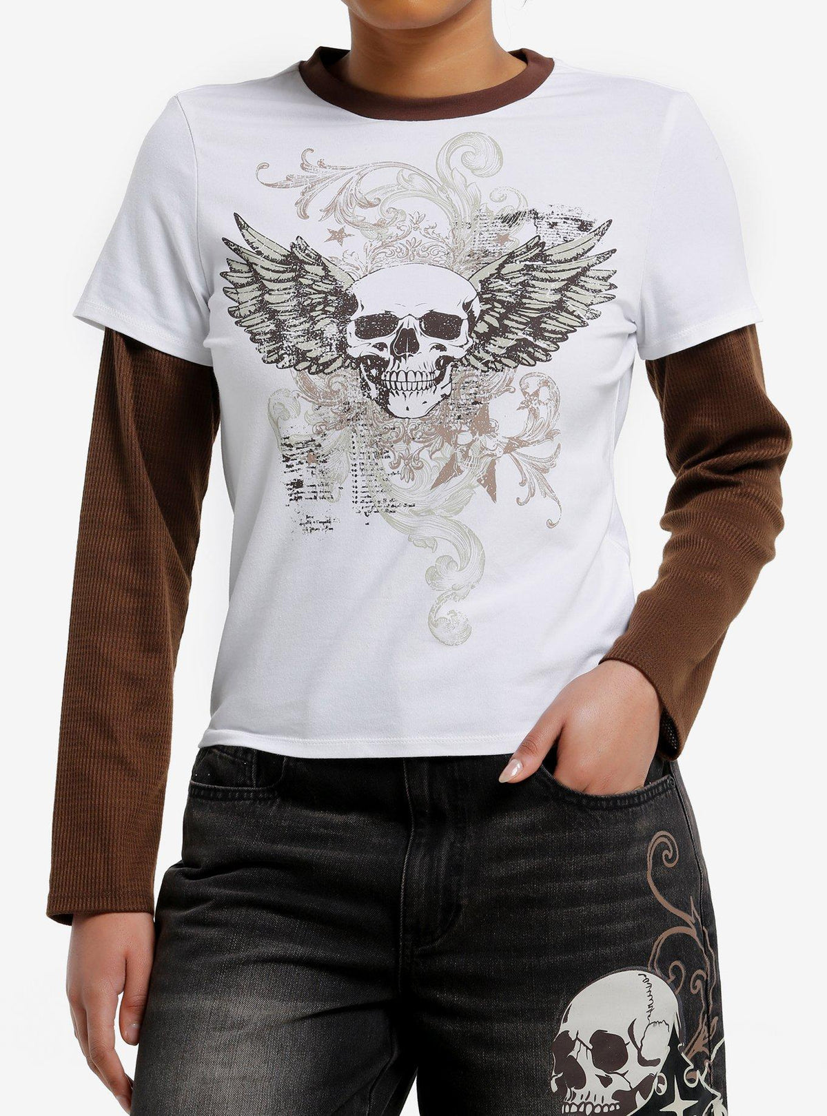 Winged Skull White Brown Girls Twofer Long-Sleeve T-Shirt T-Shirt | Best-Selling Artwork | Trending Now