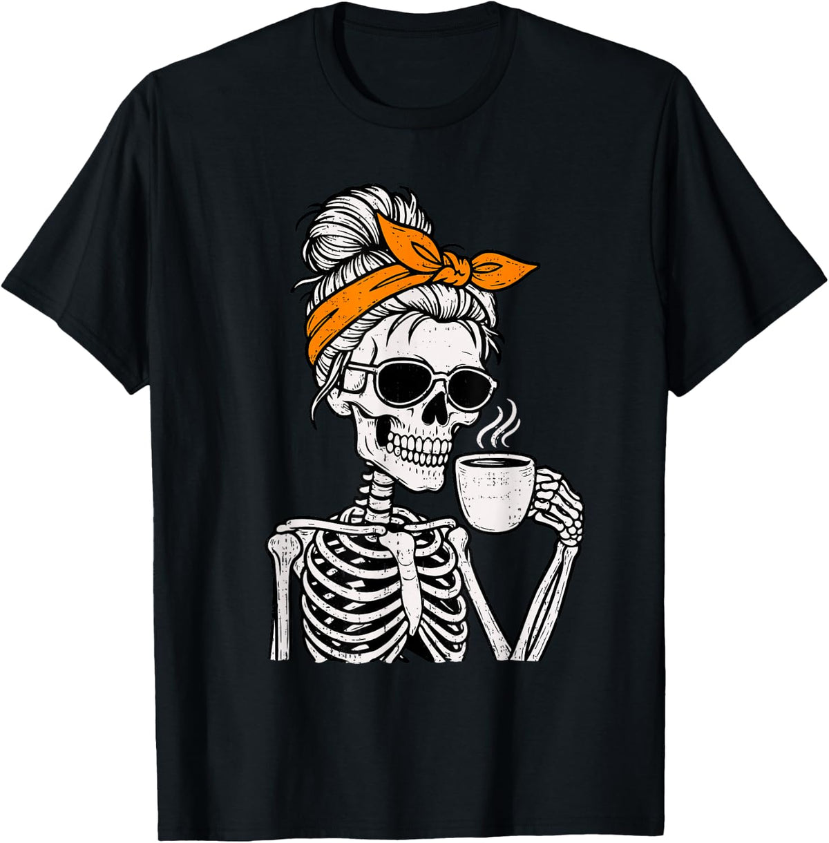 Skeleton Messy Bun Drinking Coffee Halloween Costume Womens