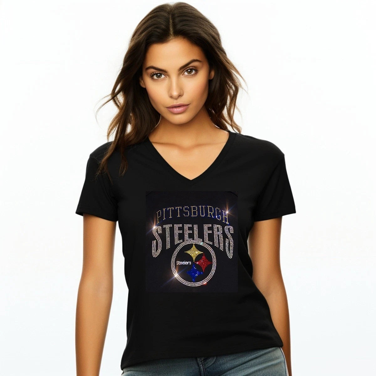 Pittsburgh Steelers New Rhinestone Womens Vneck Tshirt Sizes Sm 4x Womens Sizing